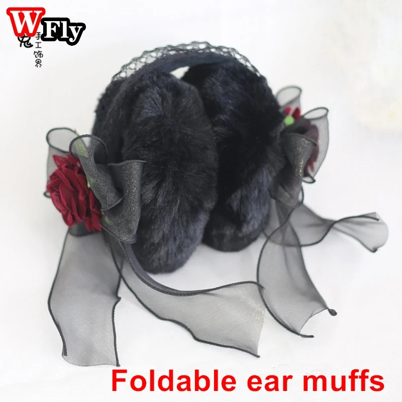 Gothic sweet Lolita Women Girl Lace bow rose Plush winter Warm Earmuffs Foldable Warmer Ear Cover Ear muffs Headband Accessories 240712