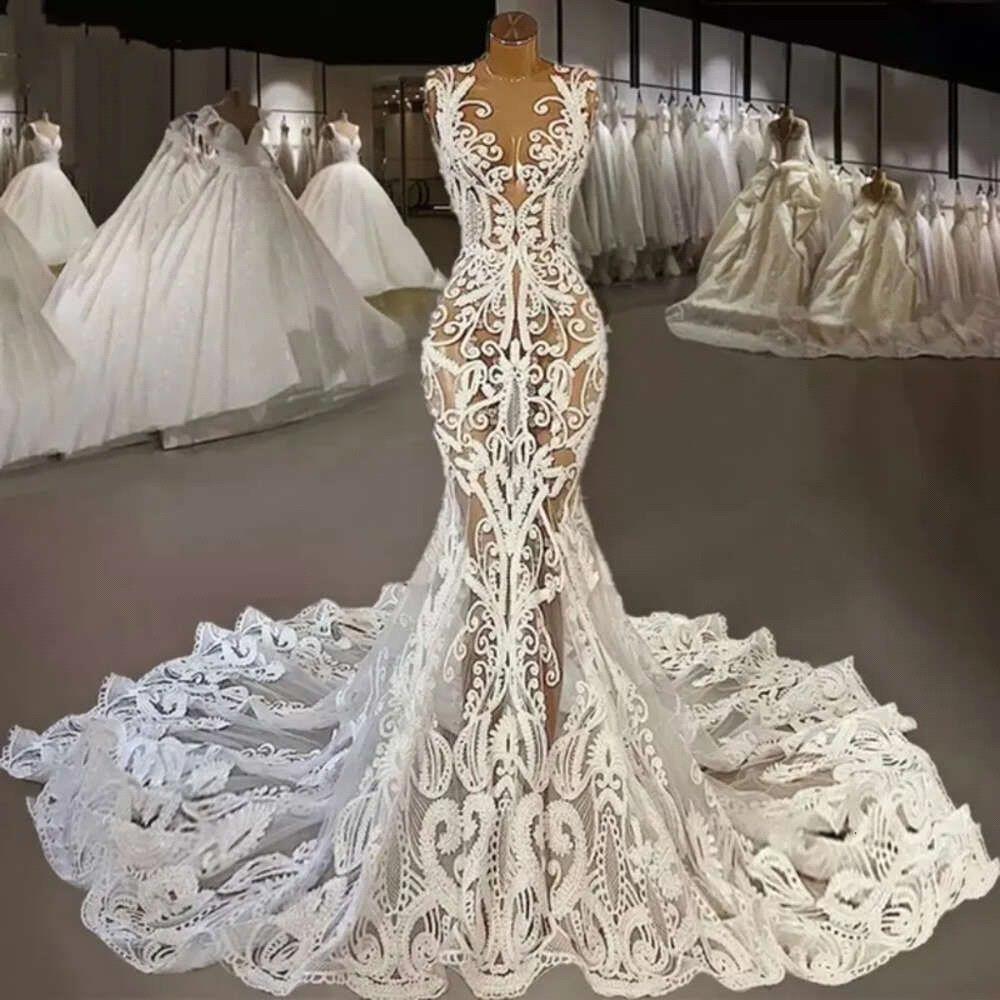 Sexy Transparente Lace Applique Mermaid Jewel Sleeveless Court Train Wedding Dresses Bc19191 0213