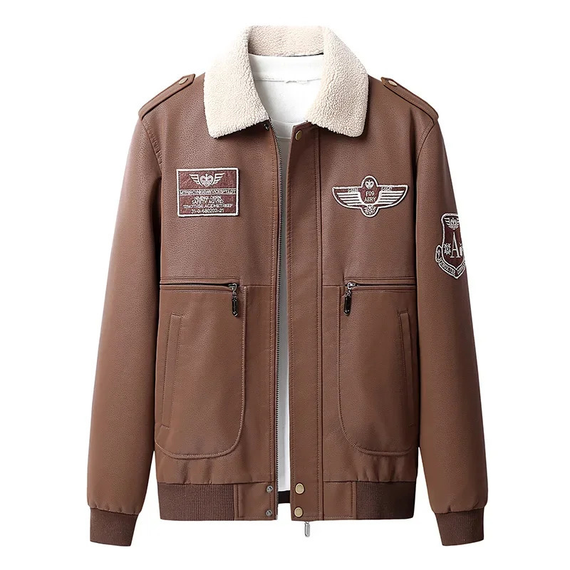 MaiDangDi Embroidered Jacket Autumn and Winter with Plush Suede Collar Multiple Pockets Fashionable Leather for Mens 240711