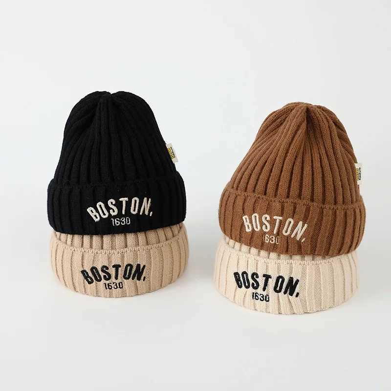 Solid color letter baby bean hat winter warm knit hat for girls and boys retro embroidery Boston childrens crochet hatW240713