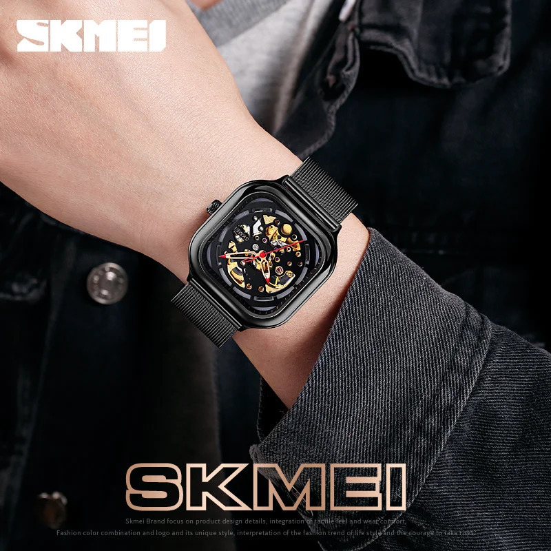 SKMEI 9184 Mechanical Watch Men Automatic Quartz Mens Watches 5Bar Waterproof Hollow Art Steel Strap Clock montre homme 9302 240709