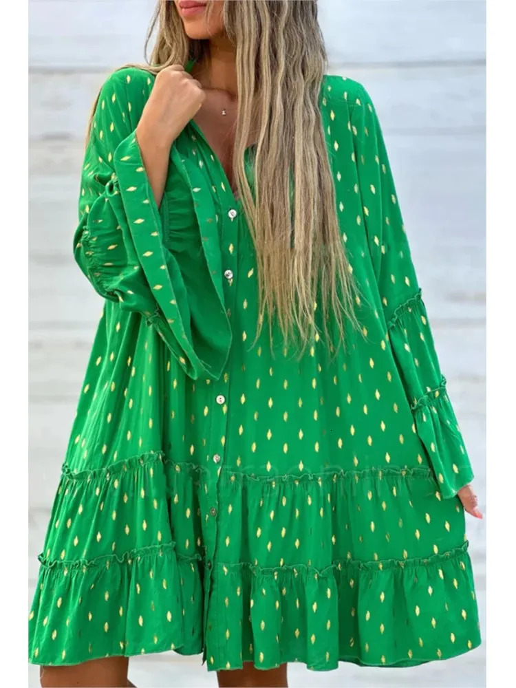 Womens Printed Gold Pressed Pleated Shirt Splicing Dress Spring Autumn Fashion Maxi Swing Loose Elegant Female Dreses 240711