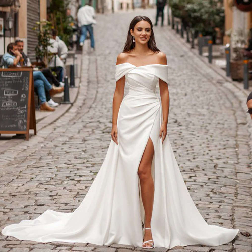 Elegant Off The Shoulder Soft Satin Mermaid Wedding Dresses Side Slit Detachable Train Formal Bridal Grown 2025 Rode De