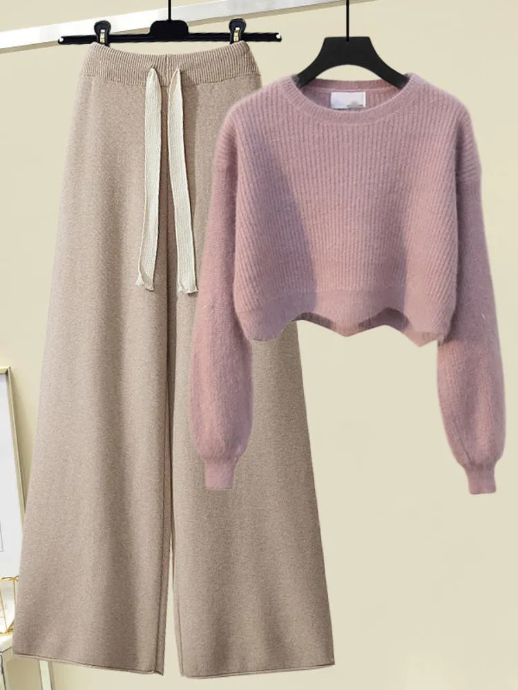 Fall Winter Knitted Two Piece Set Women Casual Pullover Long Sleeve Knitting Sweater And Wide Leg Pants Sets For Clothing 240712