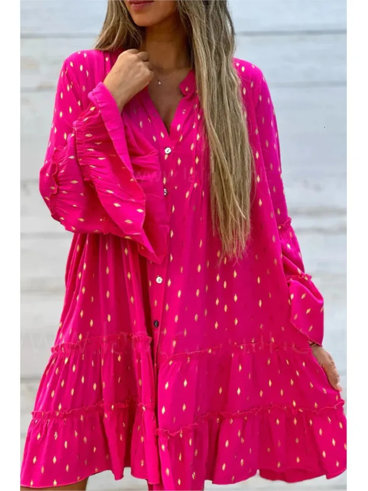 Womens Printed Gold Pressed Pleated Shirt Splicing Dress Spring Autumn Fashion Maxi Swing Loose Elegant Female Dreses 240711