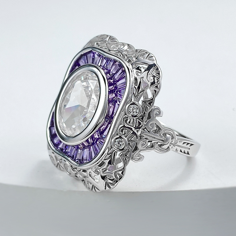 Moissanite Dia Ring: Vintage Sterg Sier Oval Cut Amethyst Wedding Band for Women