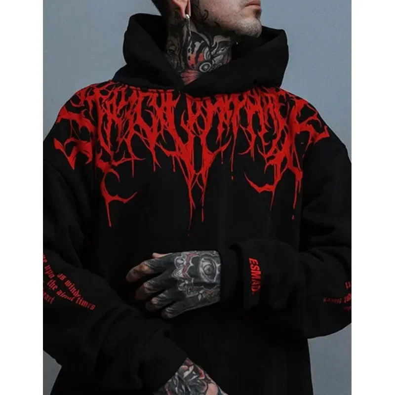 Mens Evil Blood Large Pattern Hoodie Unique Personality Casual Autumn Winter Thickened Warm Black for Men Full 240710