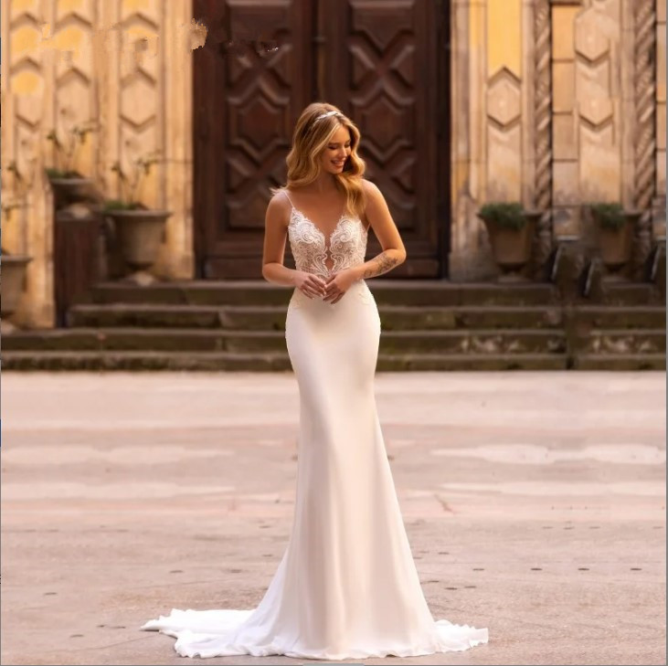 Lace Morden Embroidery Satin A E Wedding Dresses V Neck Sleeveless Bridal Gown Simple Plain Pleat Long Court Train