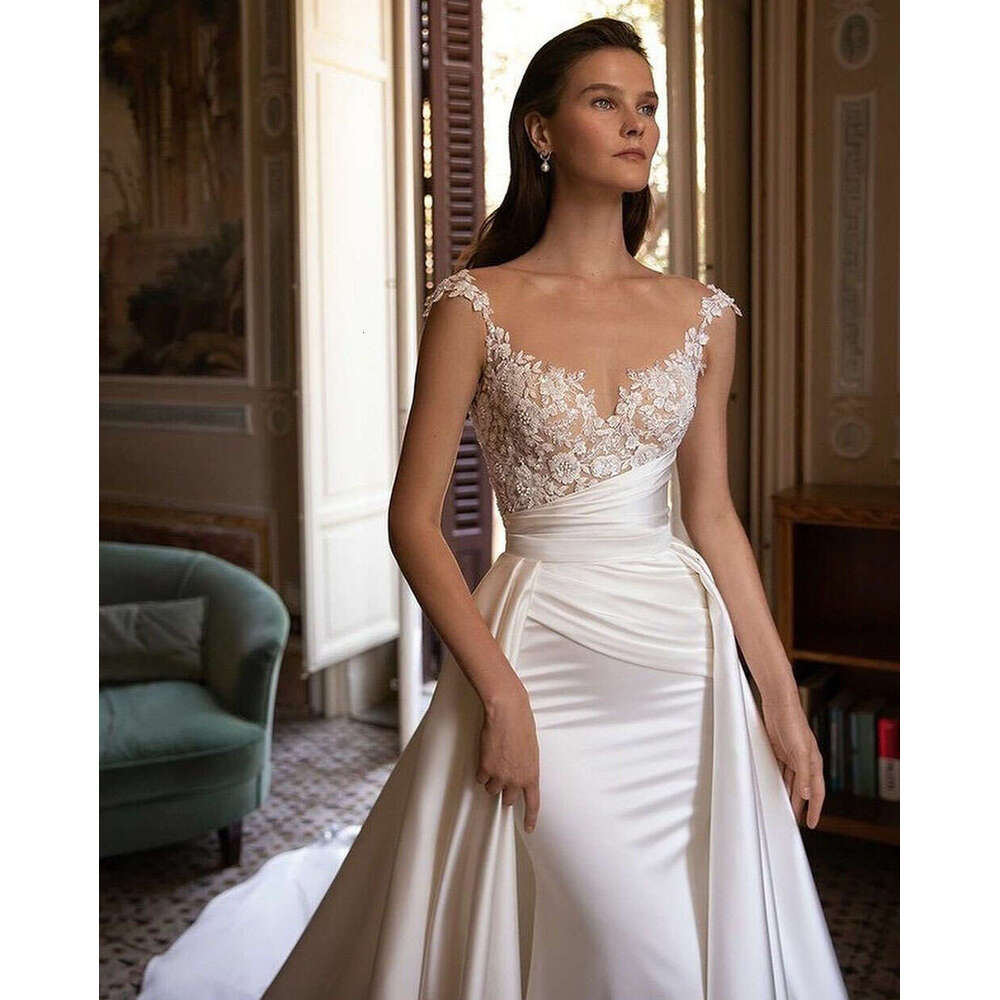 Country Gorgeous Mermaid Wedding Dress Overskrit Cap Sleeves Elegant Lace Appliques Satin Peats Bride Dresses De Novia es