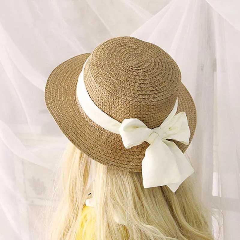 Fashion bow childrens str hat childrens summer beach hat 50-52-54cm childrens flat top sun hatW240713