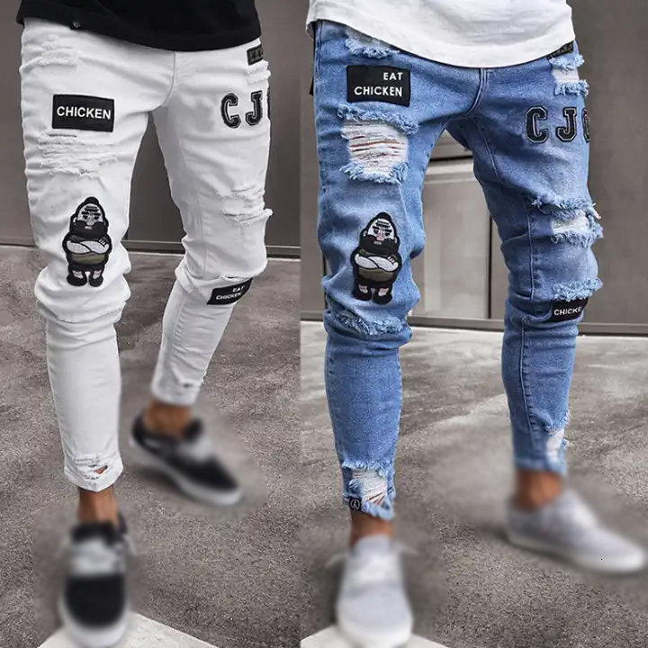 0.1 Sample Men's Fit Knee Hole Distressed Shabby Badge Pants Art Patches Skinny Biker White Jeans Slim Trousers