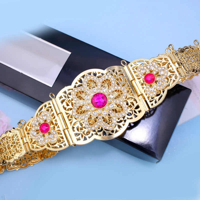 Moroccan traditional Kaftan dress with gold-plated crystal flower waist chain Middle Eastern women Muslim jewelry 240710