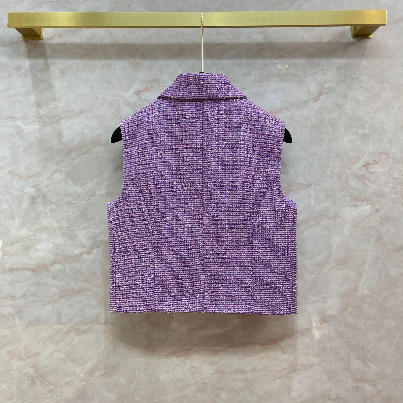 Violet Purple Colored Sequin Beads Coarse Tweed Vest High-end Sleeveless Jacket for Women 240704