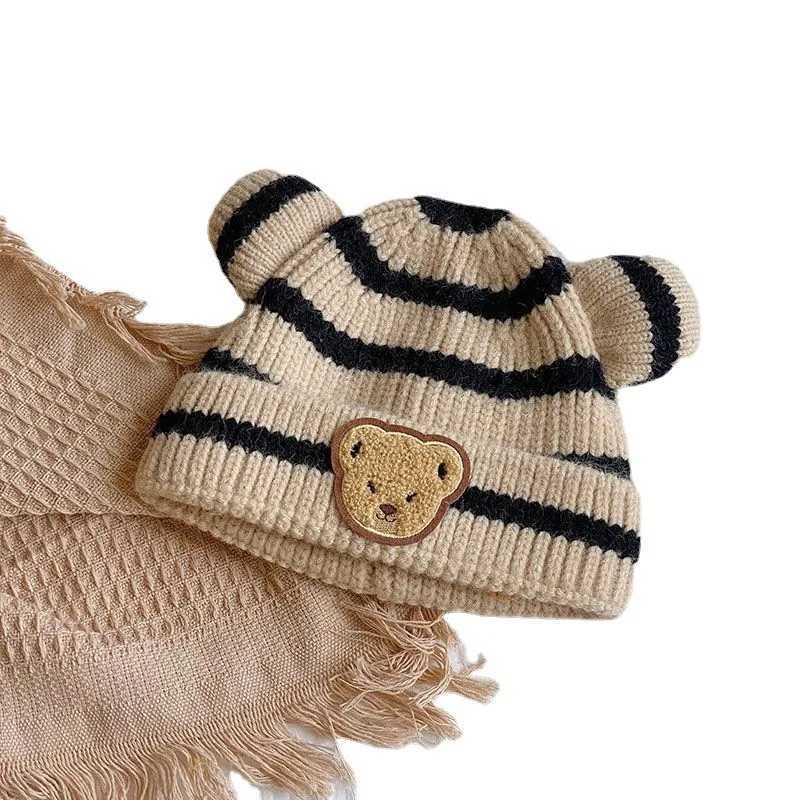 New pattern teddy bear ears baby newborn knitted autumn and winter childrens hats keep warm hats winter wool yarn cuteW240713