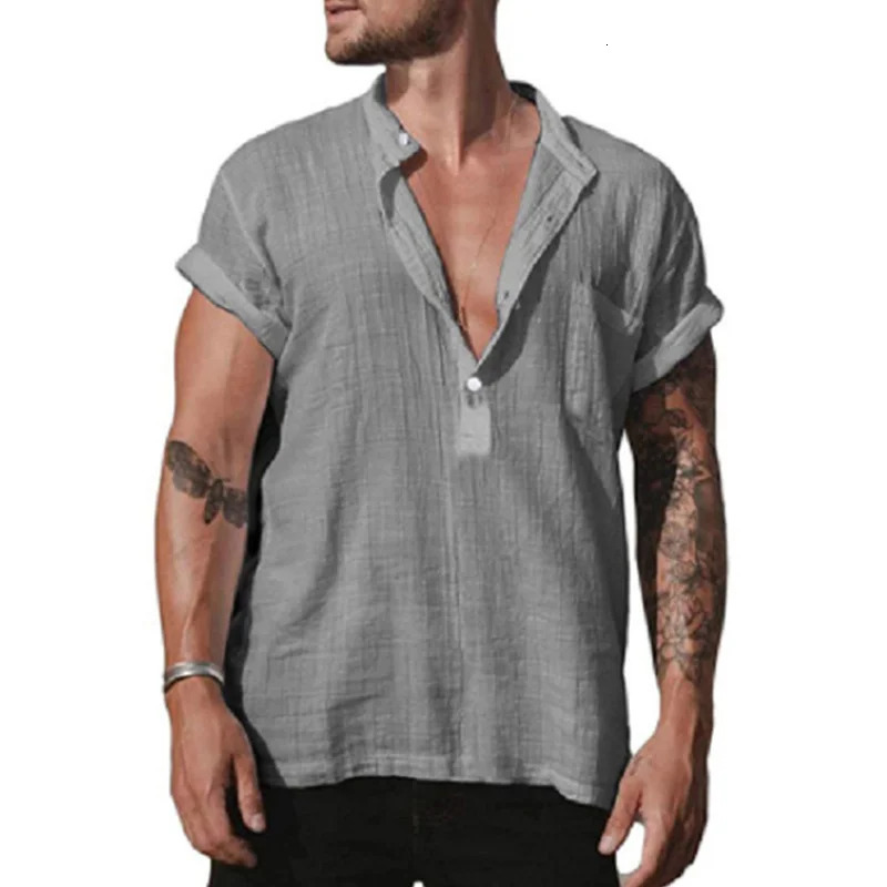 Summer Short Sleeve Formal Shirt Male Elegant Linen Shirts Blouses Loose White Social Man Pocket Casual Top Men Clothing 240708