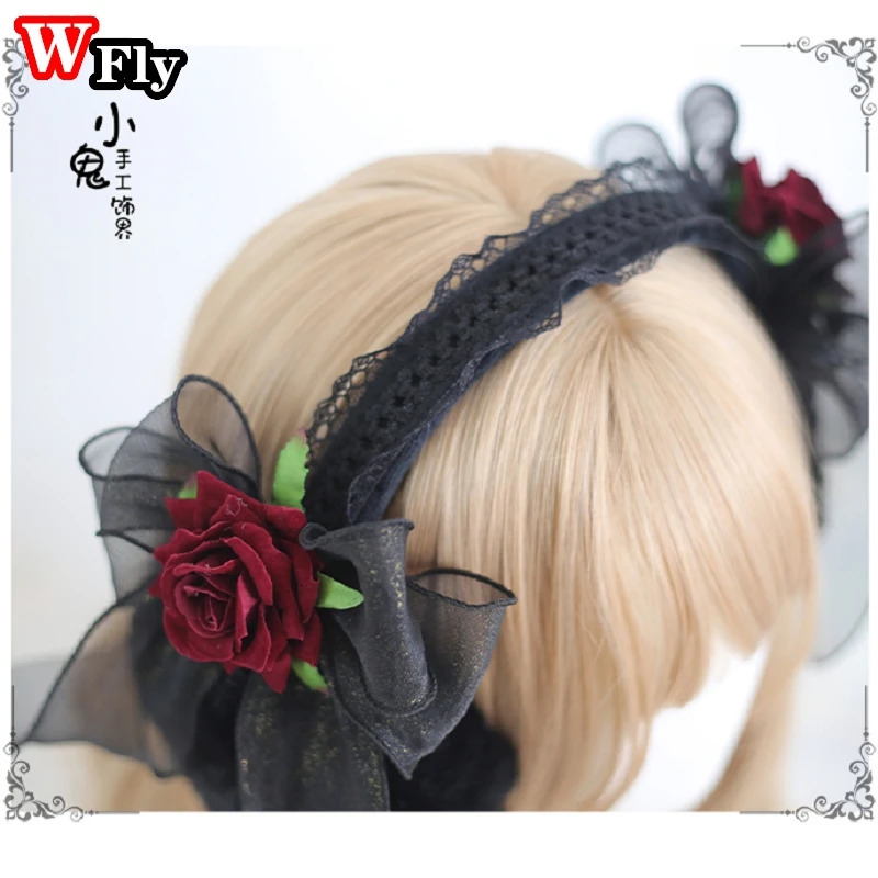 Gothic sweet Lolita Women Girl Lace bow rose Plush winter Warm Earmuffs Foldable Warmer Ear Cover Ear muffs Headband Accessories 240712