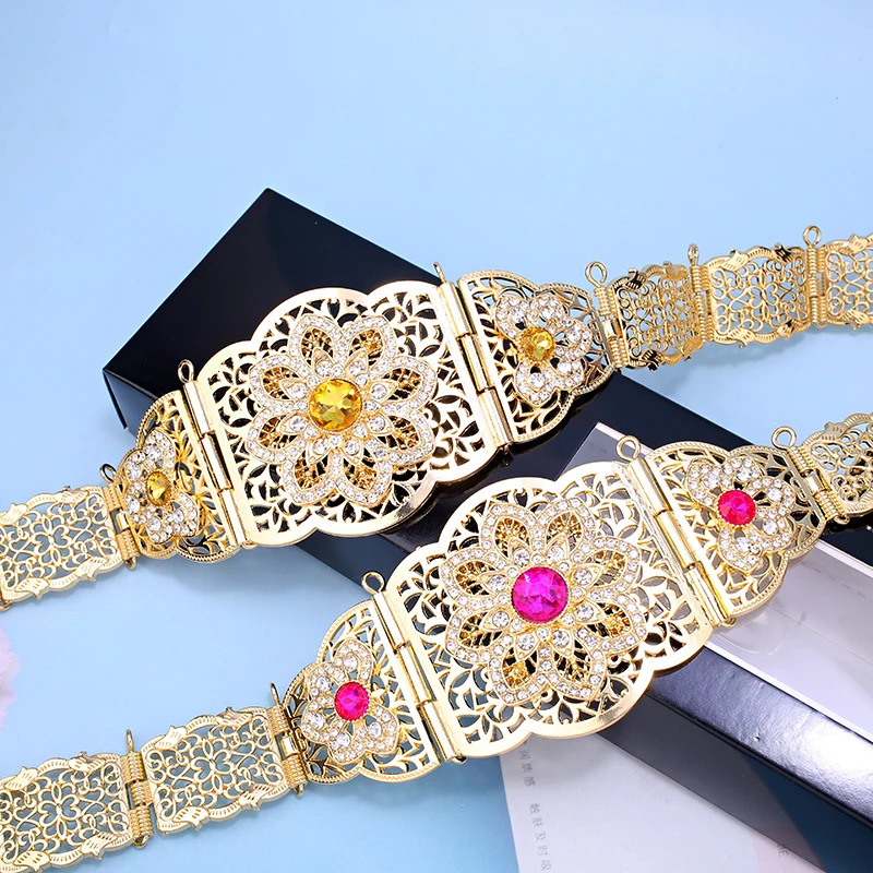 Moroccan traditional Kaftan dress with gold-plated crystal flower waist chain Middle Eastern women Muslim jewelry 240710