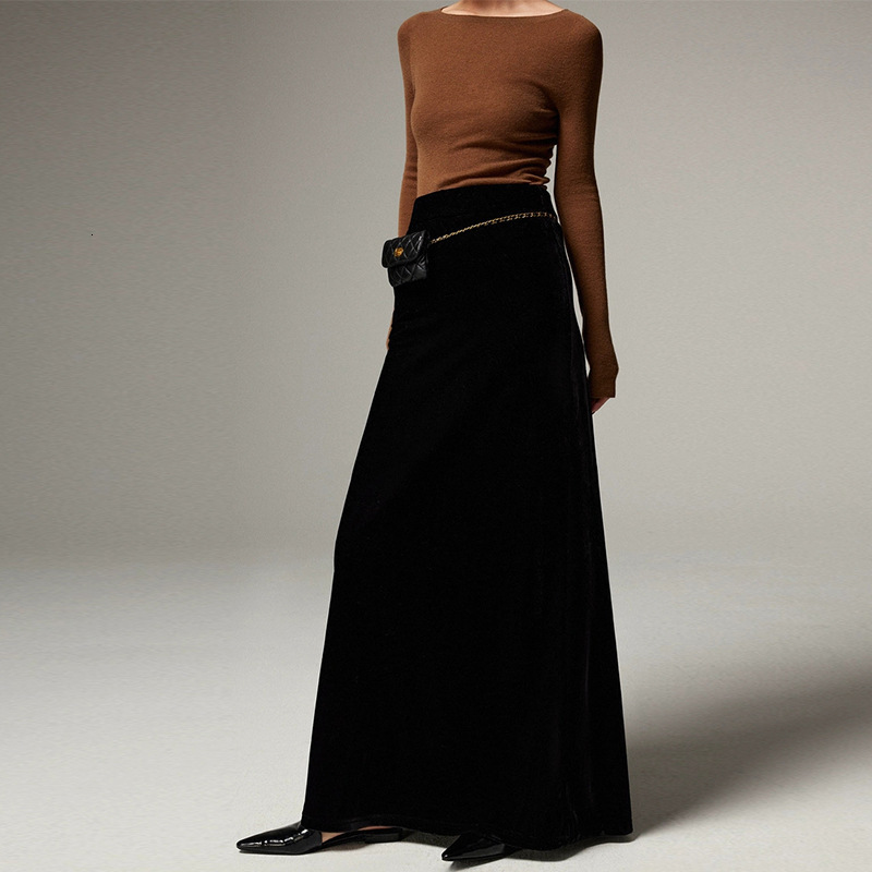 845 New Supermodel Leg with Velvet Drape Glossy Slimming Effect, A-line Length Skirt for Women in Spring and Autumn Chiffon Floral Dress Sexy Loose De