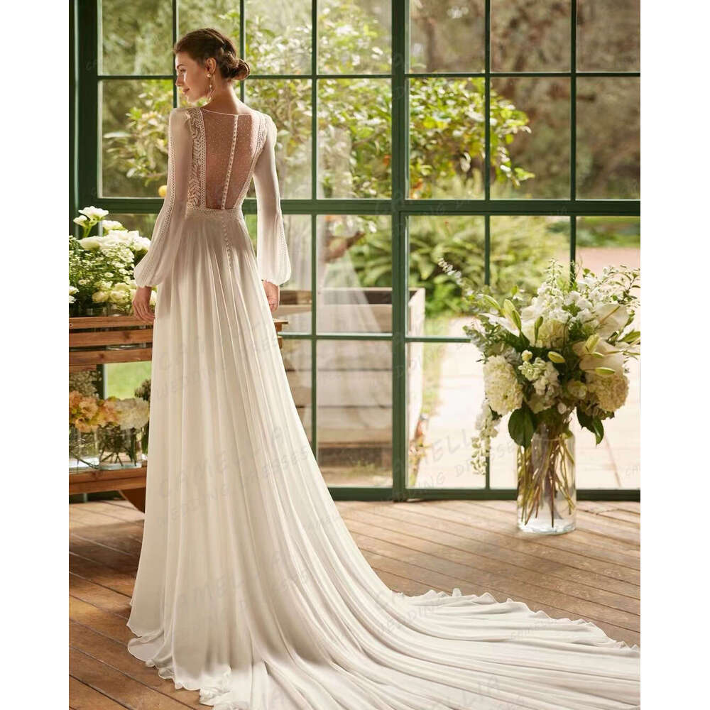 Chiffon Illusion Wedding Dresses A e Sexy Long Sleeve Women's Bridal Gowns V Neck Elegant Sweep Train Veatidos De Novias 2024