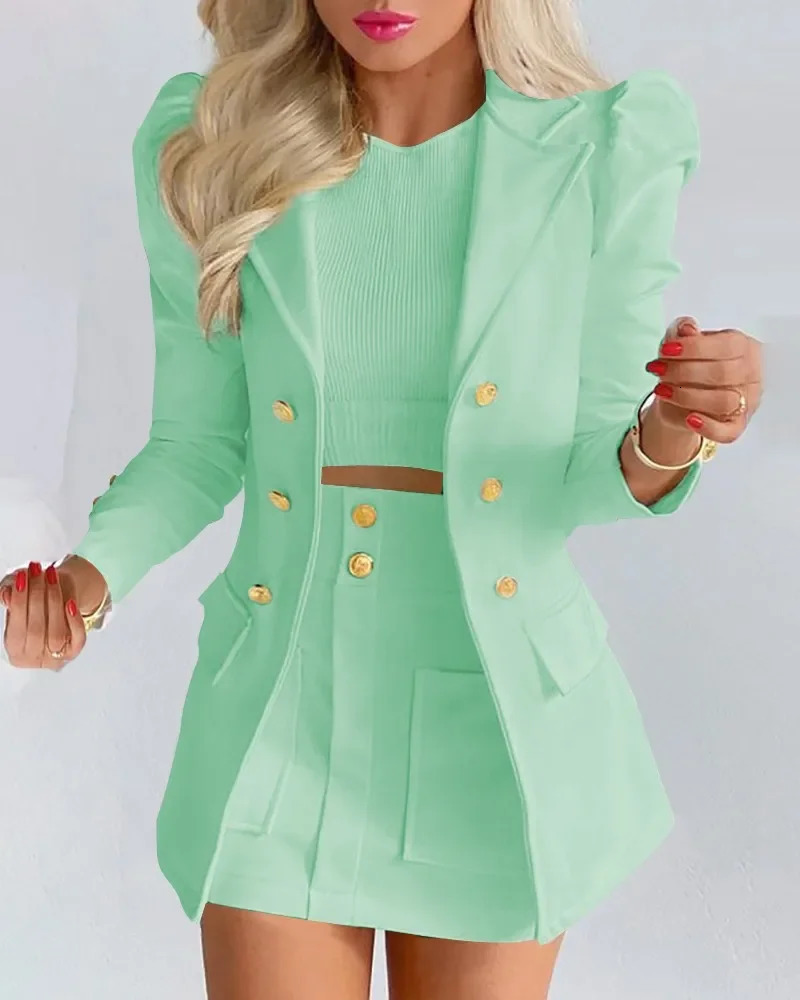 Spring Long Sleeve Solid Color Jacket With Mini Skirt Twopiece Suit Tailleur Femme Blazer And Set Dress 240704