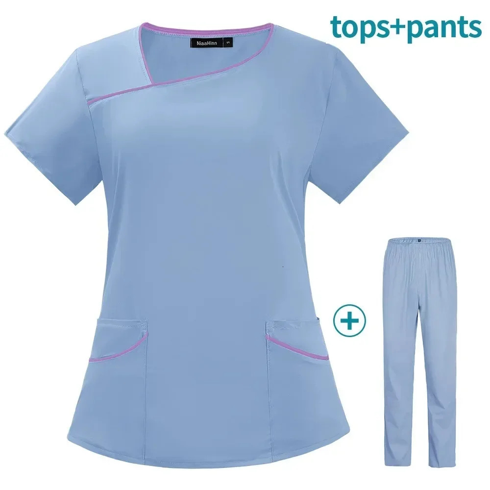 Stretch Scrub Tops With Pocket Pants Nurse Uniform Summer Doctor Surgery Overalls Beauty Salon Workwear Uniforms 240708