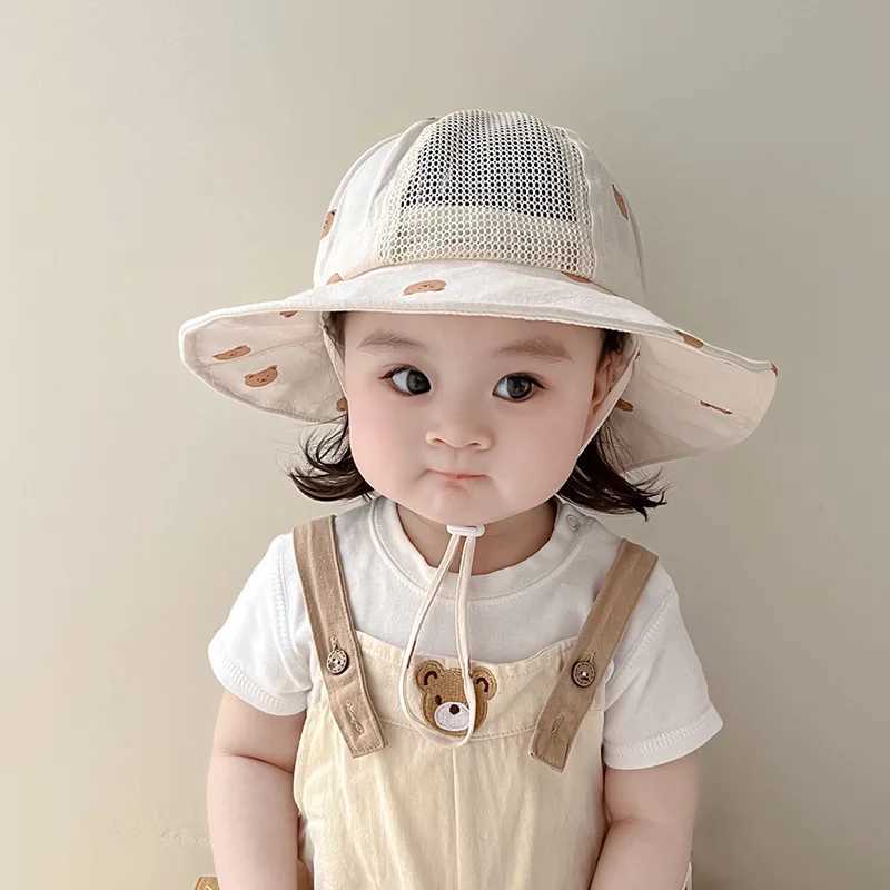 Cartoon printed baby sun hat big brick sunset childrens fisherman hat cute breathable mesh girl Panama boy bucket hatW240713