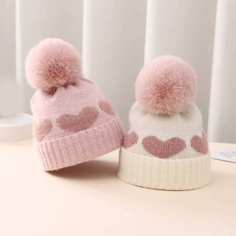 Fuax fur puffy baby hat heart-shaped printed knitted autumn and winter newborn baby bean hat warm crochet girl boy hatW240713