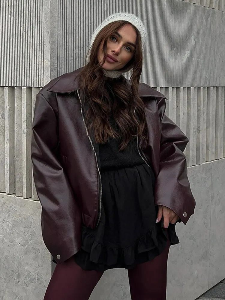 Vintage Lapel Zippers Spliced Leather Jacket Women Overtised Long Sleeve Double Pockets Coat Female Autumn Street Outerwear 240712