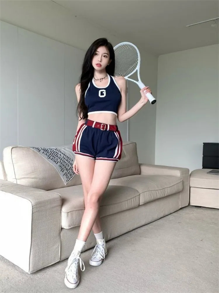 Harajuku Two Pieces Set Casual Patchwork Letter Printing Halter Vest Tops Women Y2k Aesthetic Contrast Color Grunge Shorts Suit 240704