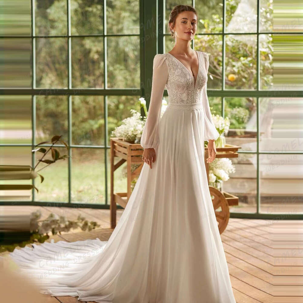 Chiffon Illusion Wedding Dresses A e Sexy Long Sleeve Women's Bridal Gowns V Neck Elegant Sweep Train Veatidos De Novias 2024