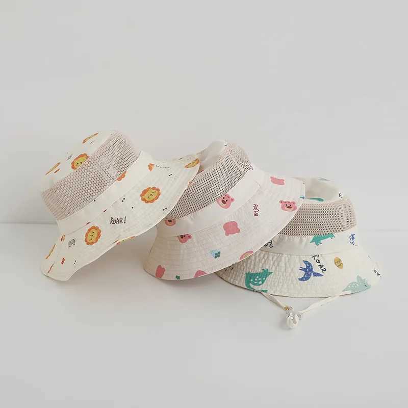 Summer Childrens Sun Hat Cartoon Printed Mesh Bucket Hat Girls Beach Hat Bucket Hat Accessories Childrens Project 3-8 YearsW240715