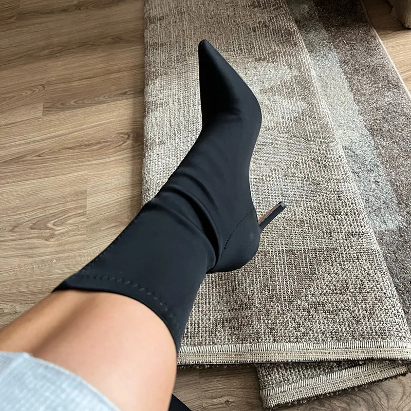 Women 7.5cm 10cm High Heels Winter Thermal Boots Green Low Heels Stretch Silk Ankle Boots Lady Warm Pointed Toe Sexy Party Shoes 240708