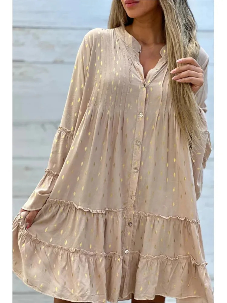 Womens Printed Gold Pressed Pleated Shirt Splicing Dress Spring Autumn Fashion Maxi Swing Loose Elegant Female Dreses 240711