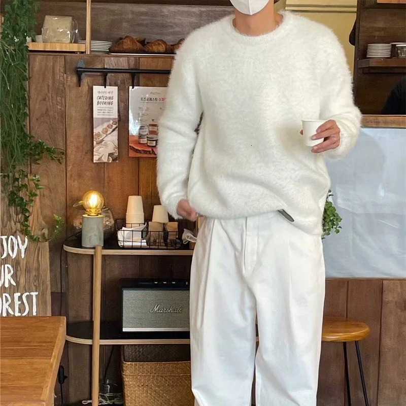 HOUZHOU Mohair Sweaters Men Korean Thicken Warm Knitting Autumn Winter Loose Casual Long Sleeve Pullovers Fleece Streetwear 240710 - view 3