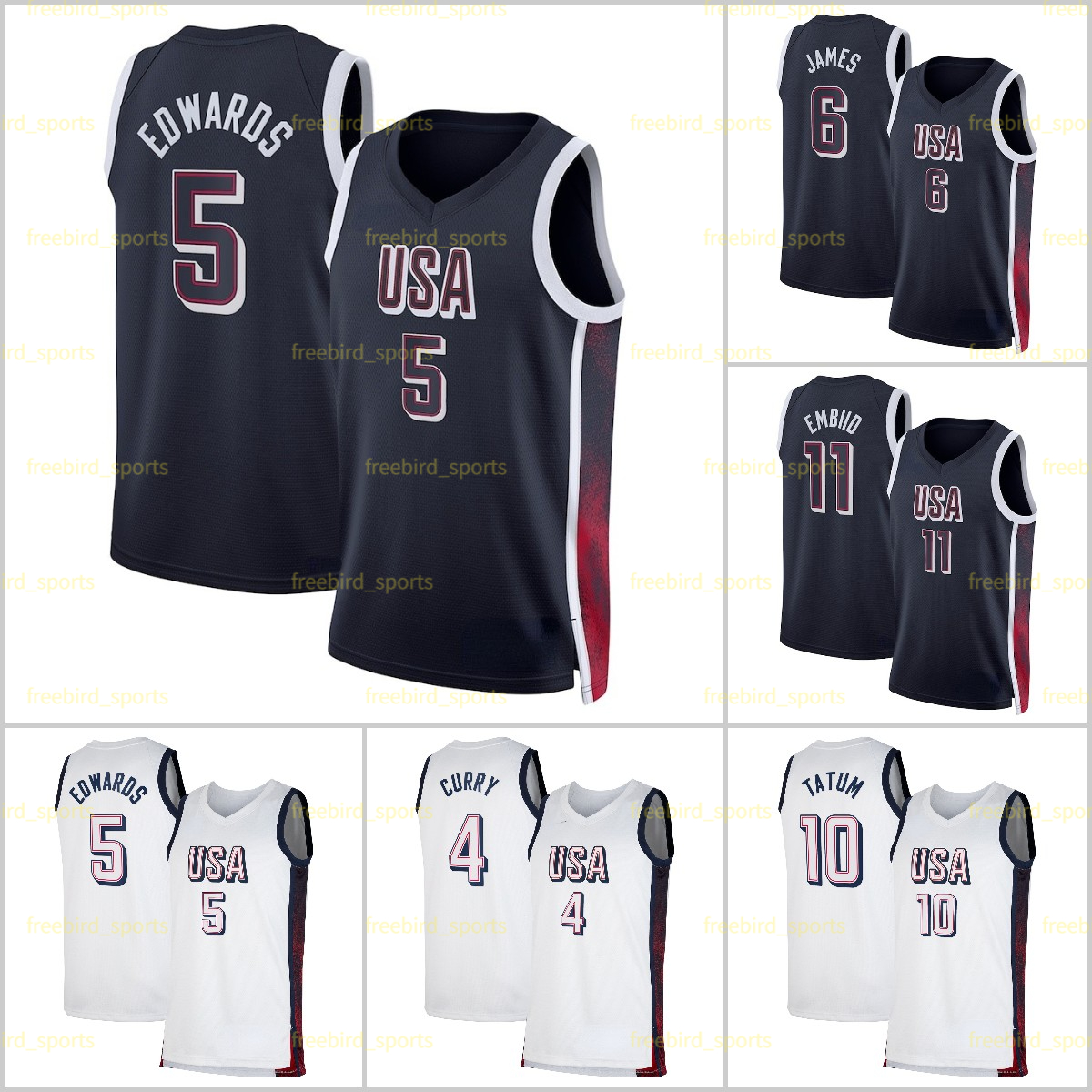 USA 2024 Dream Team 5 Anthony Edwards 11 Joel Embiid 10 Jayson Tatum Jrue Holiday Kevin Durant Kawhi Leonard Davis Devin Booker Paris 2024-25 Men Jerseys Printed