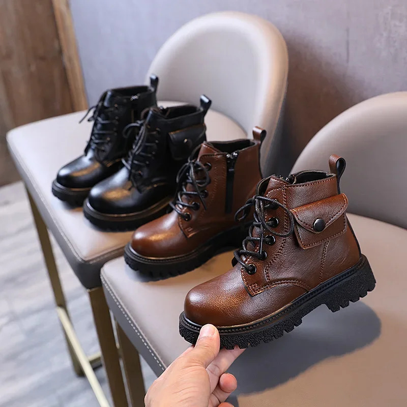 Brown Kids Shoes Retro Classic Punk Style Side Pocket Girls Booties Solid Color Spring Boys Kids Fashion Boots F11013 240710