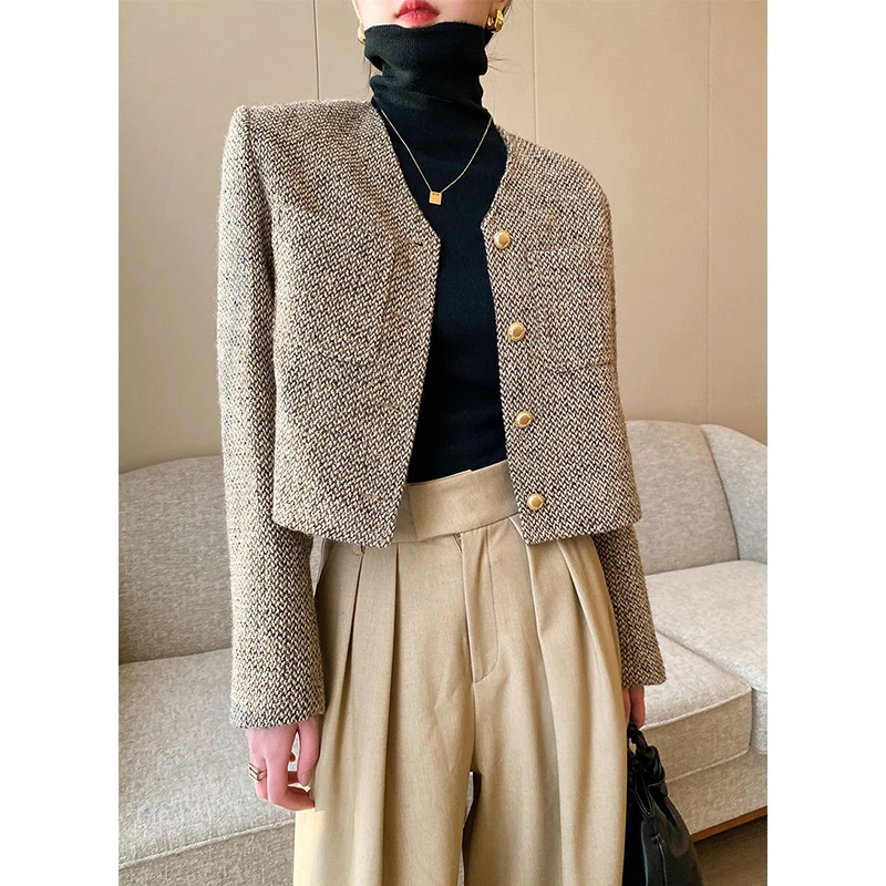 MEXZT Vintage Cropped Tweed Jacket Women Elegant Short Blazer Autumn Korean Single-Breasted All Match Casual Chic Outerwear Tops 240712