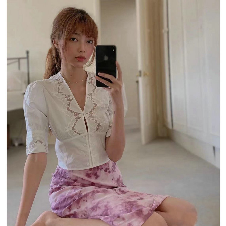 325 # Ref Pure Cotton Lace Hollow Top 2021 Summer New French Style Women's Clothing Self-cultivation Loose Sexy Novelty BOHO DRESS Round Neck Dre