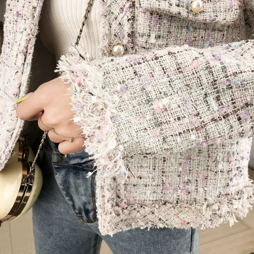 HMA Fashion Spring Women High Quality Single-Breasted Tweed Woolen Coat Round Neck Long Sleeve Tassel Jacket 240712