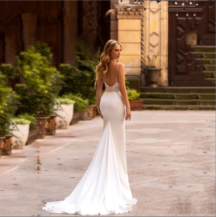 Lace Morden Embroidery Satin A E Wedding Dresses V Neck Sleeveless Bridal Gown Simple Plain Pleat Long Court Train
