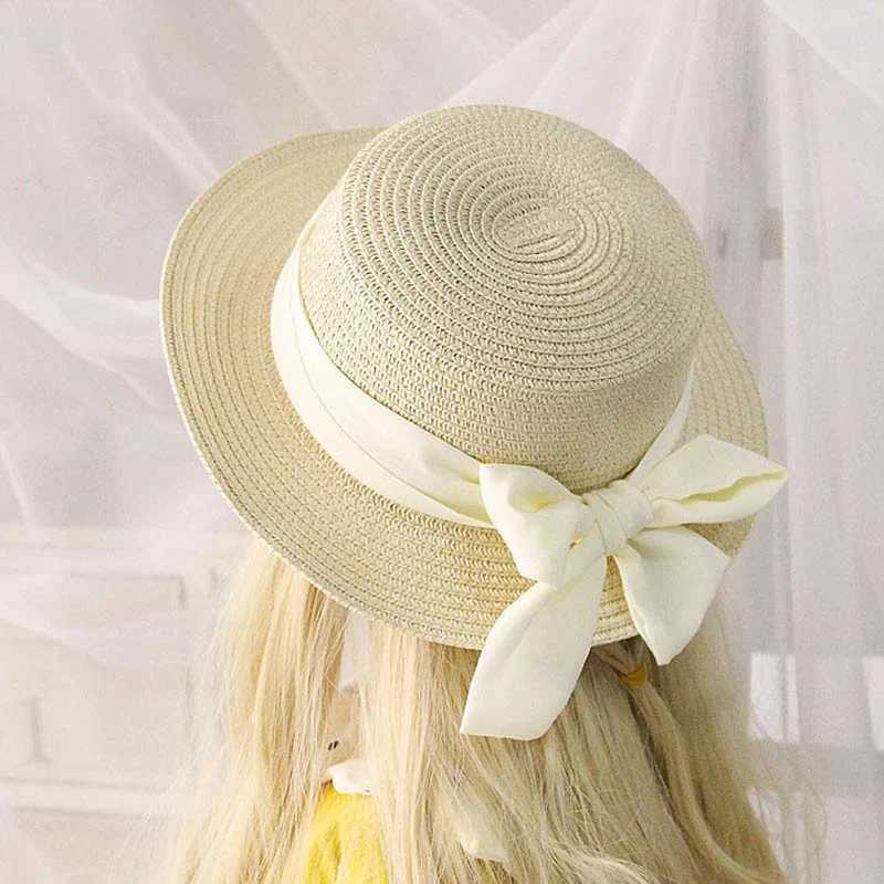 Fashion bow childrens str hat childrens summer beach hat 50-52-54cm childrens flat top sun hatW240713