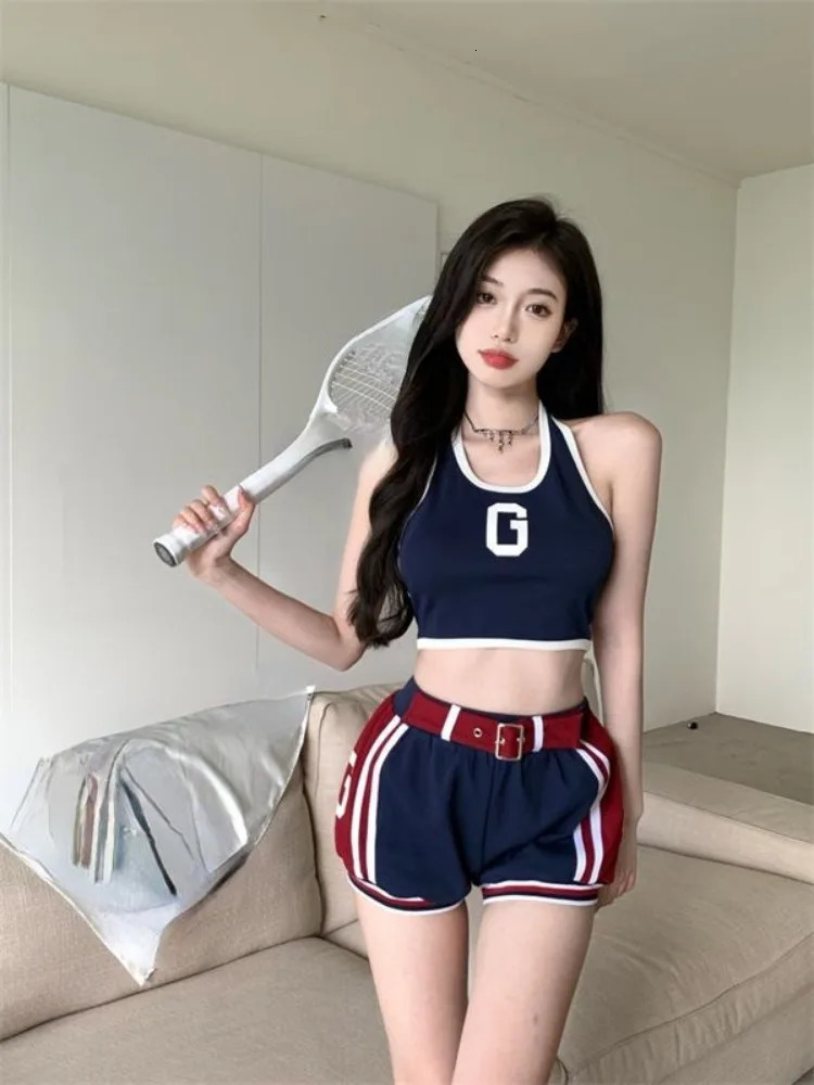 Harajuku Two Pieces Set Casual Patchwork Letter Printing Halter Vest Tops Women Y2k Aesthetic Contrast Color Grunge Shorts Suit 240704