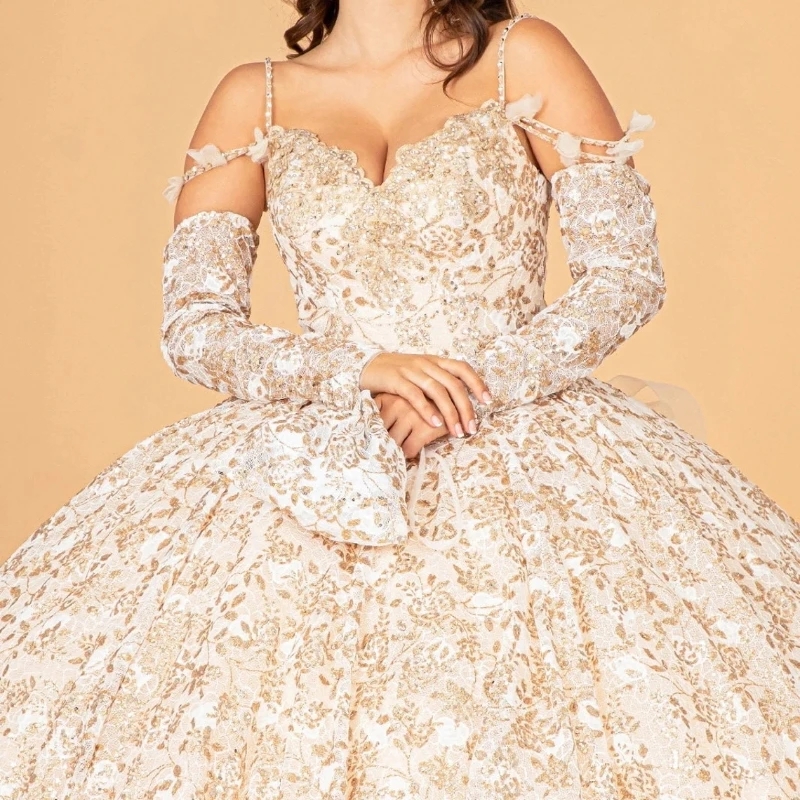 Champagne Shiny Ball Gown Quinceanera Dress 2025 Tulle Appliques Lace Beads Off Shoulder Sweet 15 16 Years Birthday Party Formal