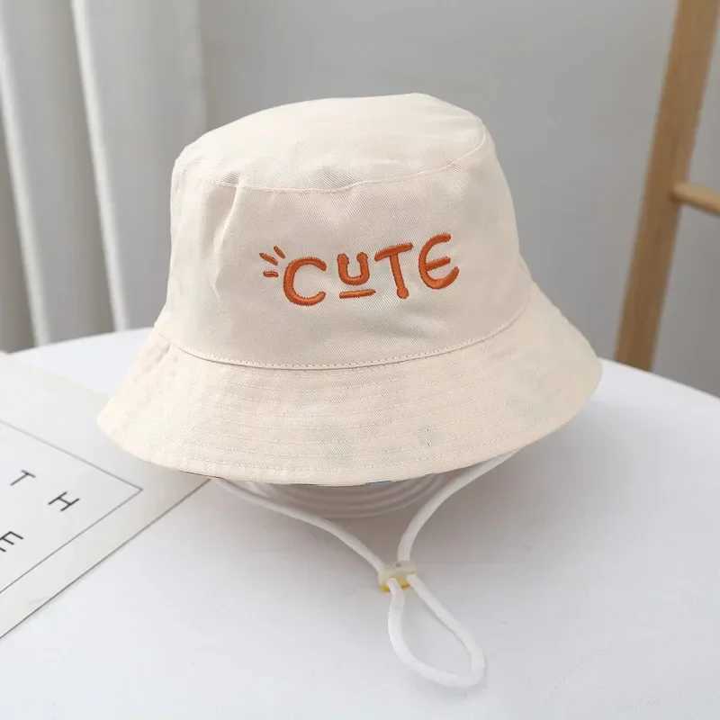 Double sided baby bucket hat with cute embroidered letters for children boys and girls fishermans Panama hat summer outdoor childrens sun hatW240713