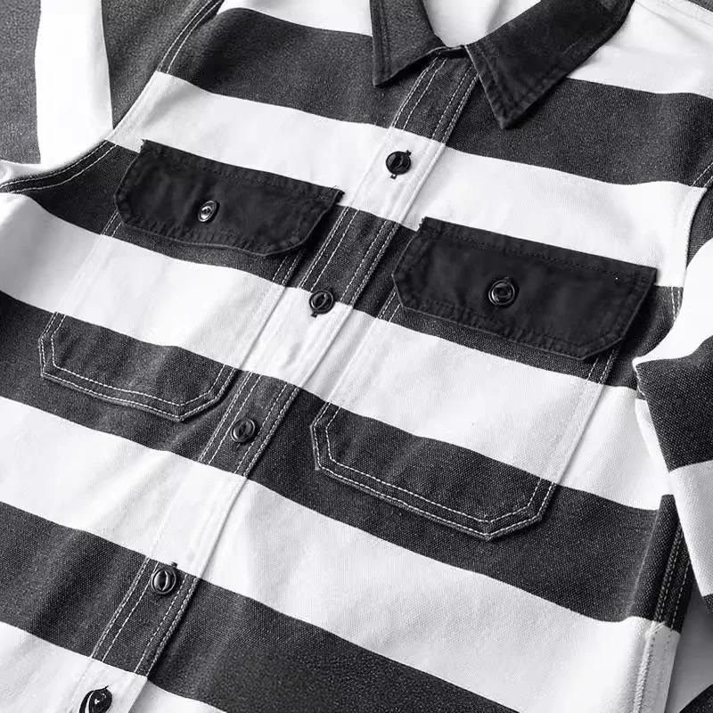 Mens 16OZ Canvas Jacket Vintage Black White Striped Motorcycle Shirt Cotton Thick Lapel Prisoner Male Casual Outerwear 240711
