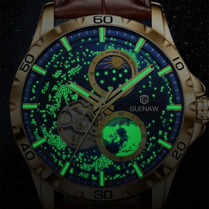 GLENAW Rotating Earth Double Second Hand WristWatch Men Automatic Mechanical Watch Starry Sky Stainless Steel Leather Watchband 240711