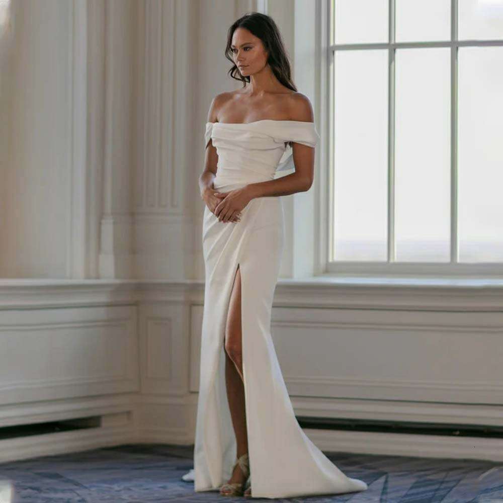 Simple Off The Shoulder Pleat Soft Satin Mermaid Wedding Dresses Side Slit Custom Made Formal Bridal Grown 2024 Rode De Morrie