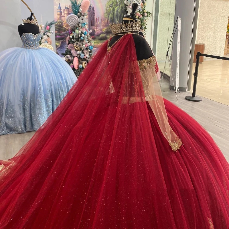Sparkly Red Quinceanera Dresses Halter Beads Gold Appliques Lace With Cape Princess Sweet 16 Party Gown vestidos para xv anos
