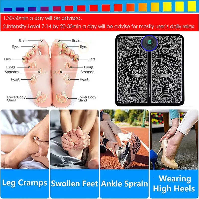 Foot massager sole massage pad foot muscle stimulation 8-mode 19 level relaxation USB charging 240713