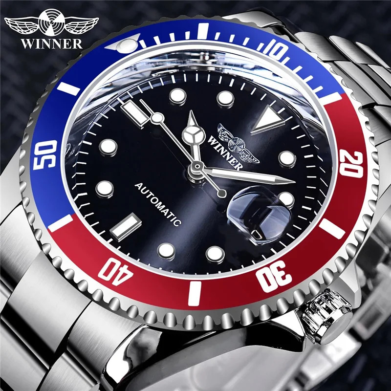 Winner 02B Can rotate the bezel Waterproof Luminous Casual Automatic Mechanical Watches Sports Men Steel Wristwatch Reloj Hombre 240709